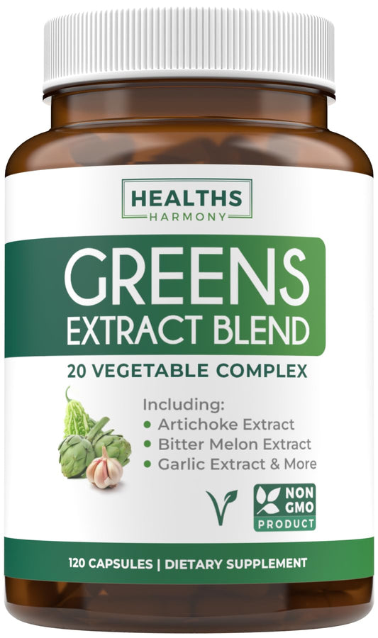Bottle of Super Greens Antioxidants supplement with green capsules