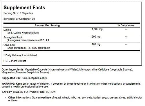 Nutrition label of Super Immune Plus Lysine 90 vegicaps by Quantum Health