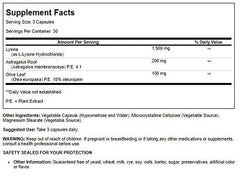 Nutrition label of Super Immune Plus Lysine 90 vegicaps by Quantum Health