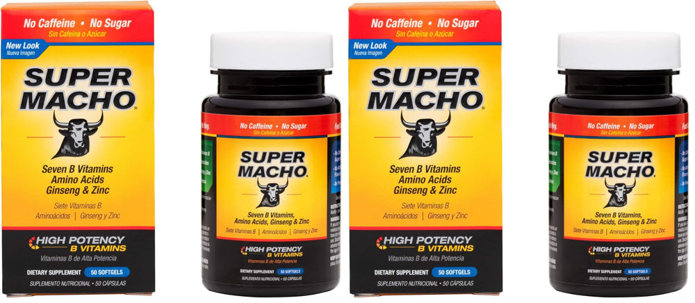 Front label of Super Macho dietary supplement bottle highlighting high-potency zinc and seven B vitamins