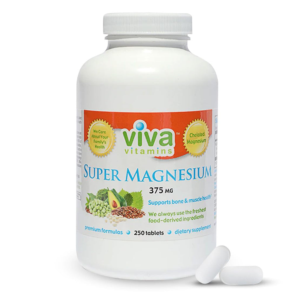 Bottle of Viva Vitamins Super Magnesium Supplement with 250 tablets