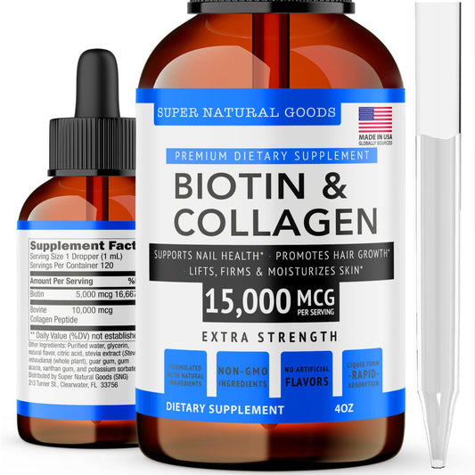 Front view of Super Natural Goods Biotin & Collagen Vitamins bottle