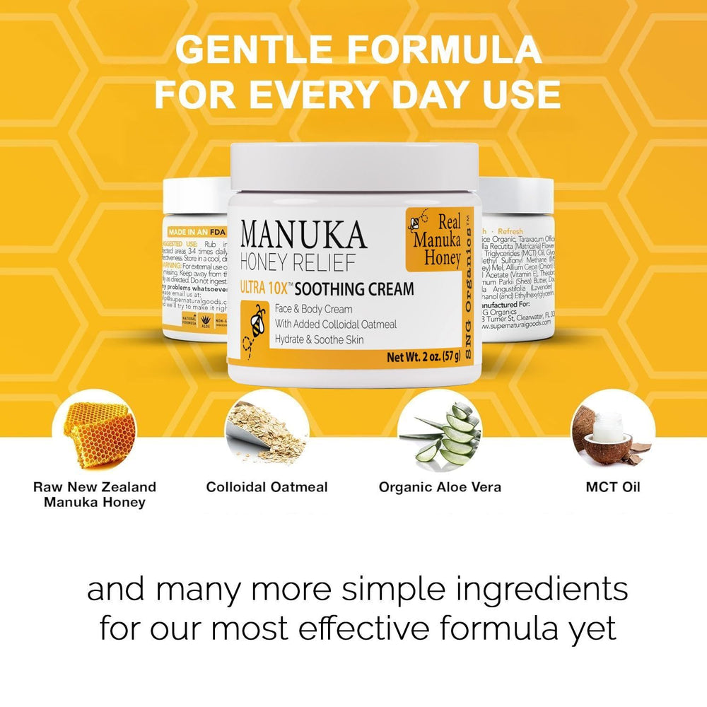 Super Natural Goods Manuka Honey Cream ingredient list featuring aloe vera and cocoa butter