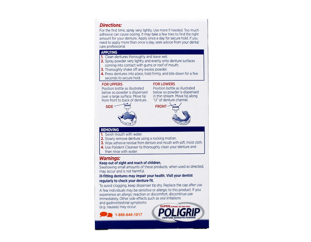 Denture powder bottle with cap and label details