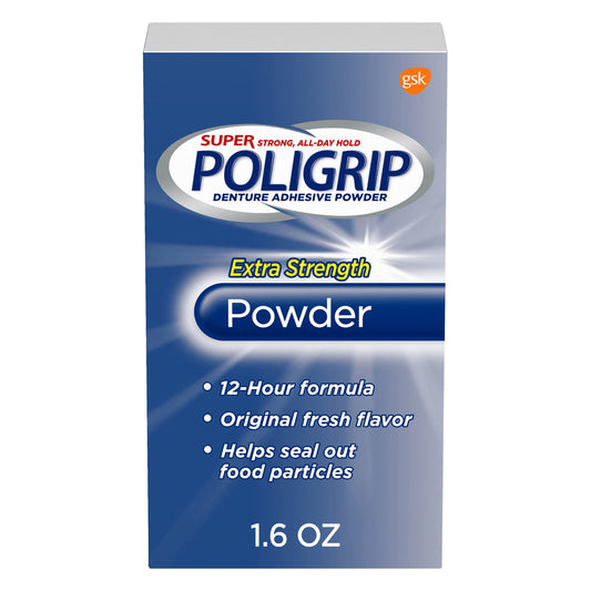 Front view of Super Poligrip Extra Strength Denture Adhesive Powder 1.6 oz packaging