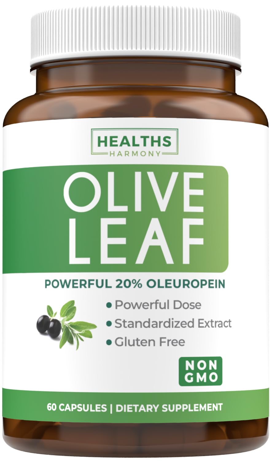 Image of Super Strength Olive Leaf Capsules showing 750mg Olive Leaf Extract with 20% Oleuropein.