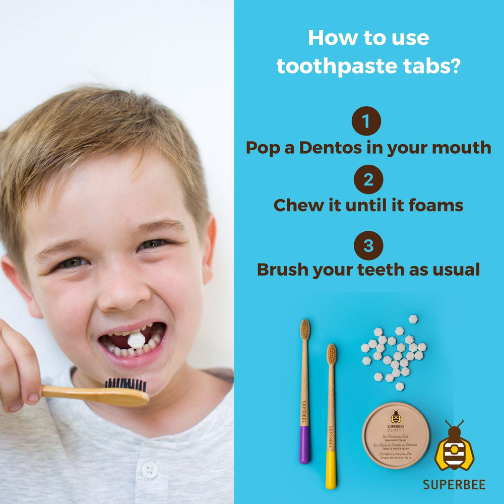 Spearmint toothpaste tablets for kids and adults in packaging