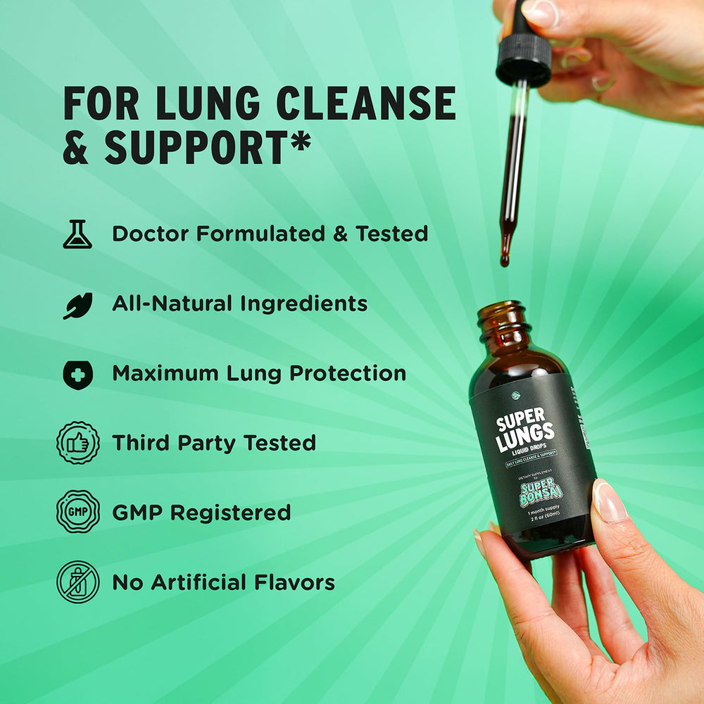 Dropper dispensing Super Lungs tincture into a glass