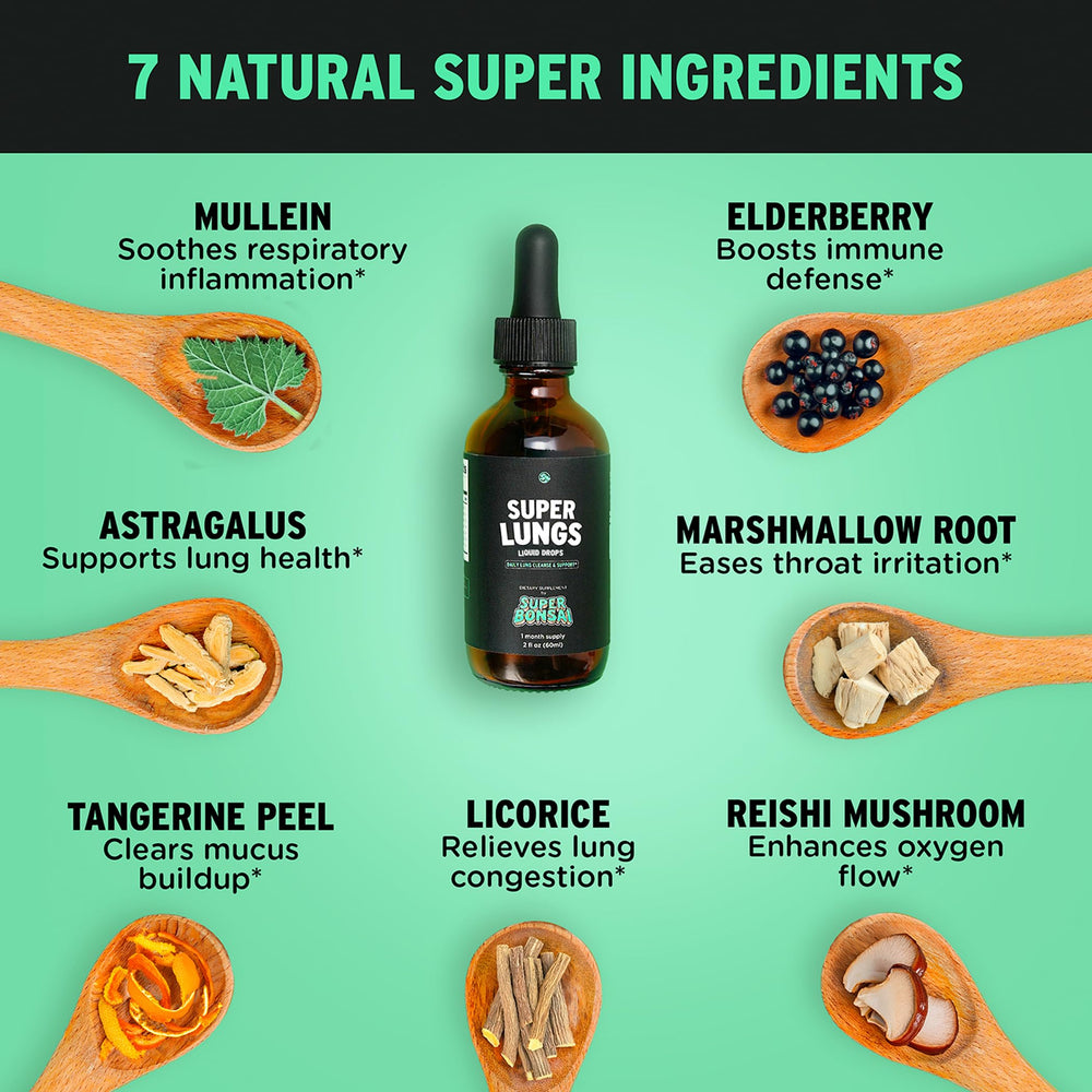 Product packaging and logo for SuperBonsai Super Lungs Mullein Drops