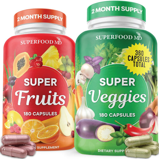 Front bottle of Superfood Fruit and Veggie Supplement with olive leaf label