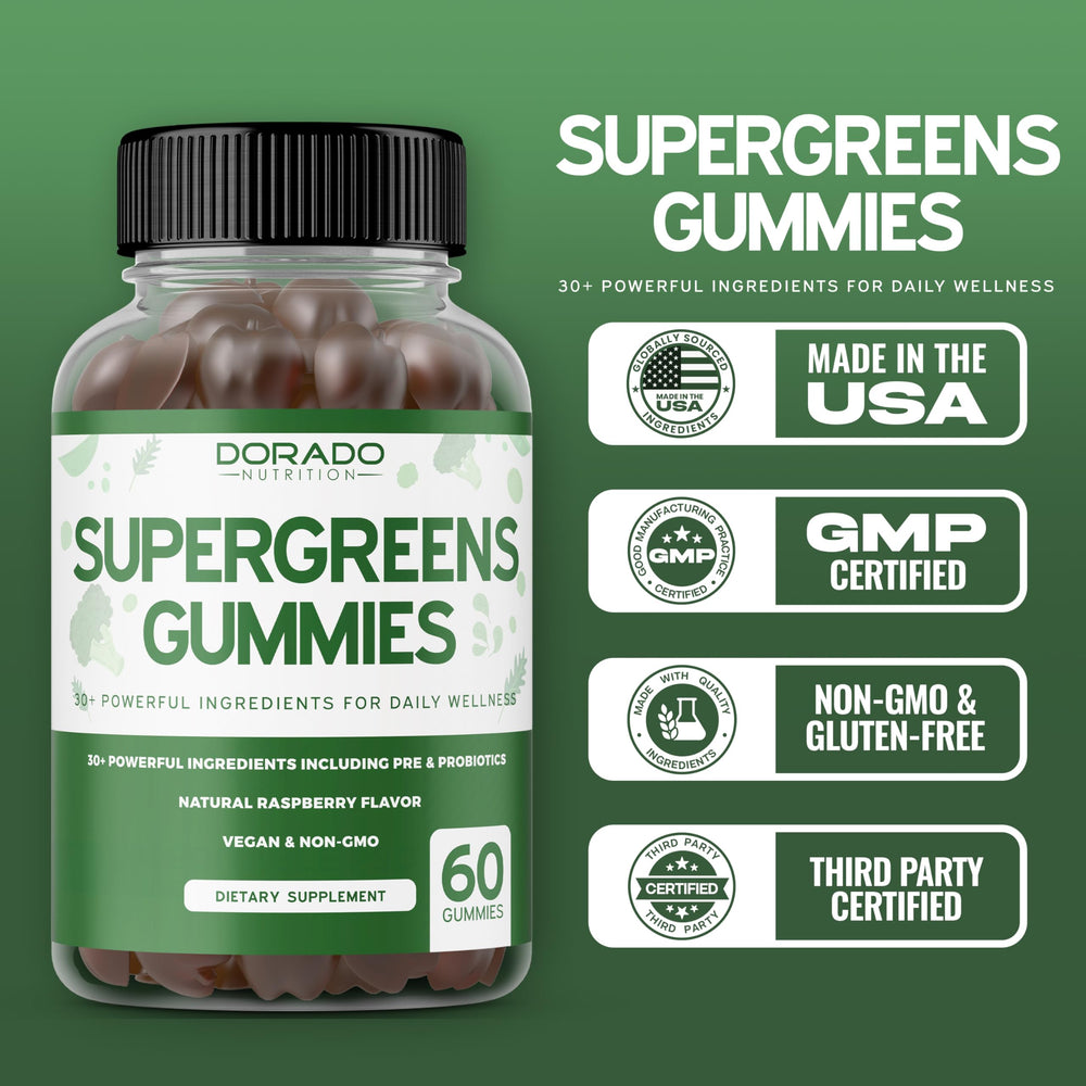 USA-made, third-party tested Supergreens Gummies packaging with lab testing badge