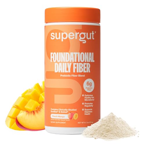 Bottle of Supergut Foundational Daily Fiber Powder Peach Mango flavor