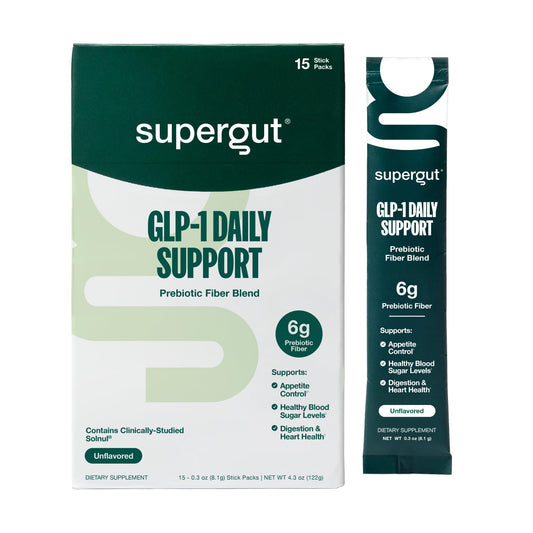 Front view of Supergut GLP-1 Daily Support packaging with scoop