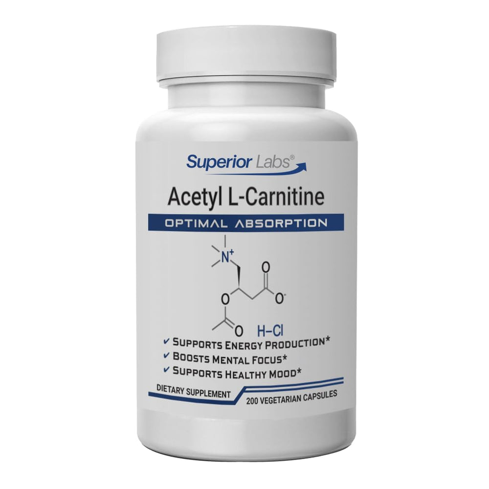 Front view of Superior Labs Acetyl L-Carnitine 500 mg bottle with 200 vegetarian capsules