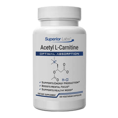 Front view of Superior Labs Acetyl L-Carnitine 500 mg bottle with 200 vegetarian capsules