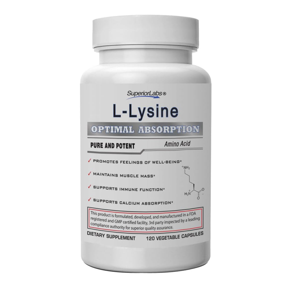 Bottle of Superior Labs L-Lysine 500 mg capsules, gluten free