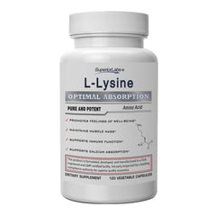 Bottle of Superior Labs L-Lysine 500 mg capsules, gluten free
