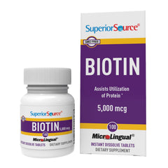 Box and bottle of Superior Source Biotin 5000 mcg MicroLingual tablets