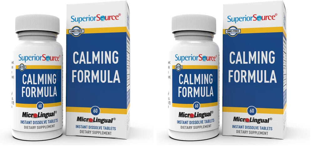 Calming Formula 60-count microlingual tablets featuring L-Theanine and melatonin