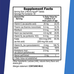 Ingredient list showing folic acid and calcium pantothenate