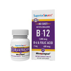 Front view of Superior Source No Shot B12 1000 mcg with B-6 and Folic Acid 60 sublingual tablets