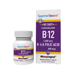 Packaging for Superior Source No Shot B12 5000 mcg with B6 and Folic Acid sublingual tablets
