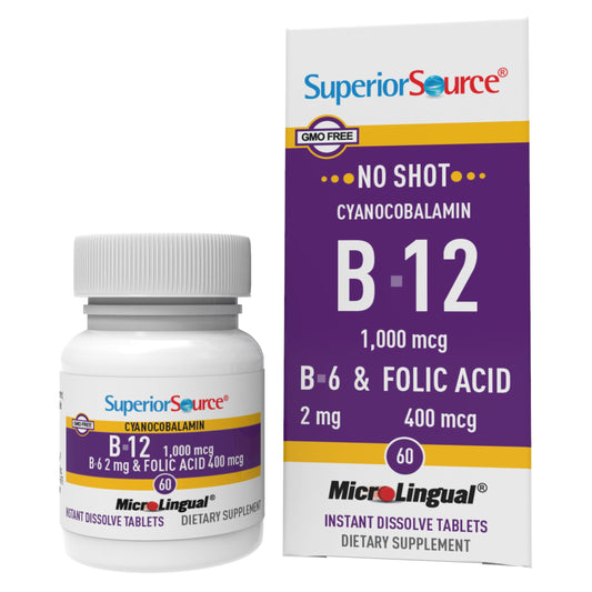 Front view of Superior Source No Shot B-12 B-6 Folic Acid bottle with 60 sublingual tablets