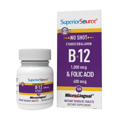 Label on Superior Source No Shot B-12 (Cyanocobalamin) 1000 mcg and Folic Acid 400 mcg bottle