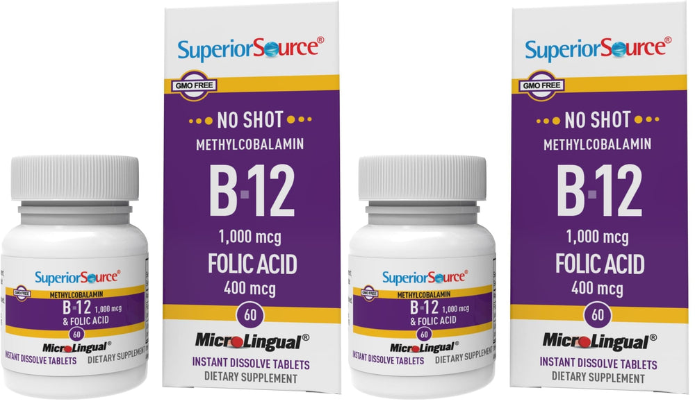 Front of Superior Source No Shot Methylcobalamin B12 with Folic Acid Multivitamin bottle - 60 Count (Pack of 2)