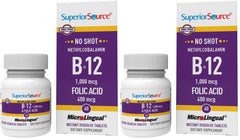 Front of Superior Source No Shot Methylcobalamin B12 with Folic Acid Multivitamin bottle - 60 Count (Pack of 2)