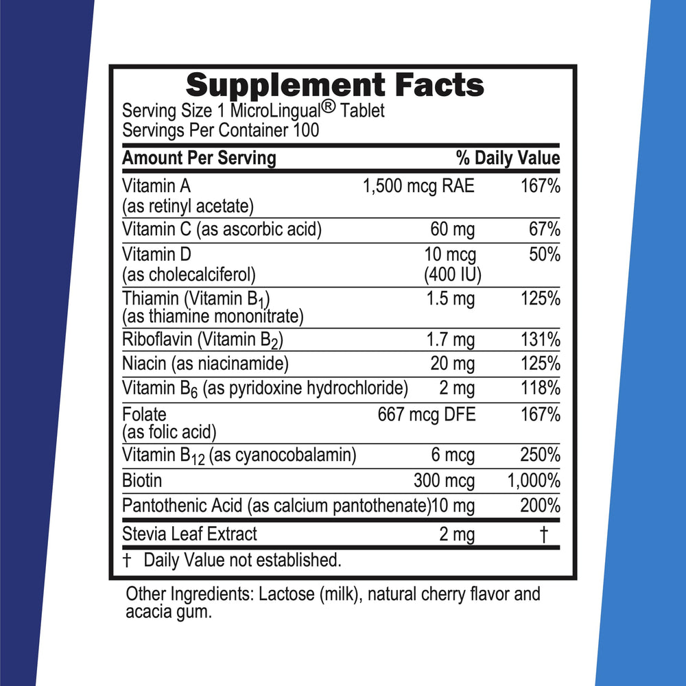 Nutrition label highlighting 11 essential vitamins and nutrients