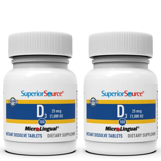 Bottle of Superior Source Vitamin D3 1000 IU quick-dissolve microLingual tablets with label