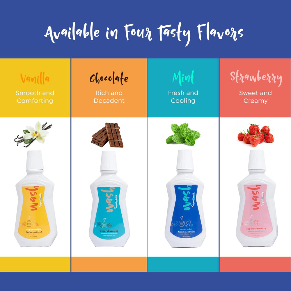 Bottle of SuperMouth Hydroxamin Fluoride Mouthwash with strawberry flavor