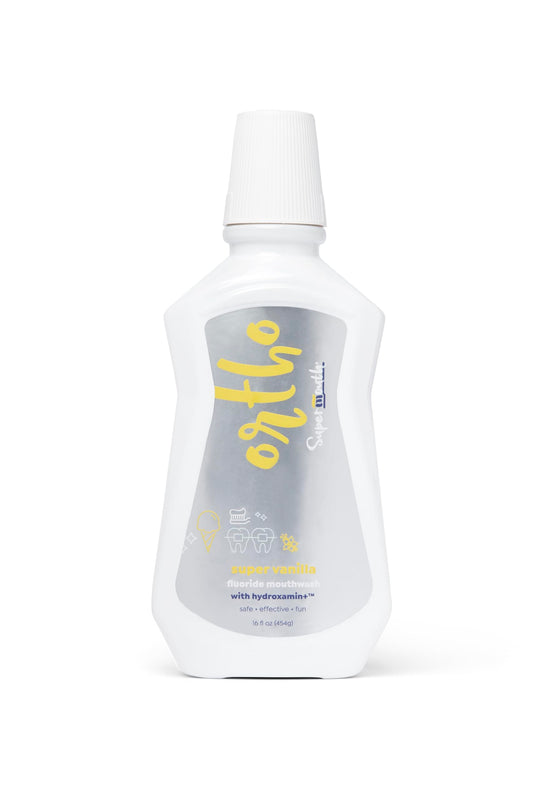 SuperMouth Ortho Mouthwash bottle highlighting Liquid Enamel Technology