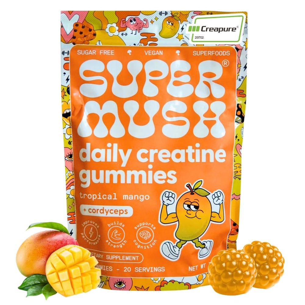 SuperMush Daily Creatine Gummies bottle shown for on-the-go energy support