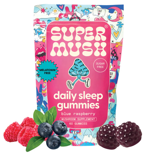 Front view of SuperMush Sleep Gummies bottle (60-count).