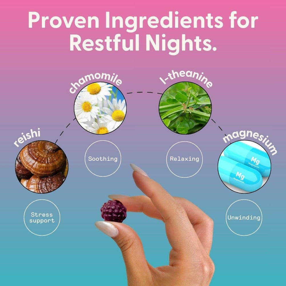 Ingredient panel showing Chaga, Reishi, Chamomile, Corydalis, Magnesium Citrate, and L-Theanine.