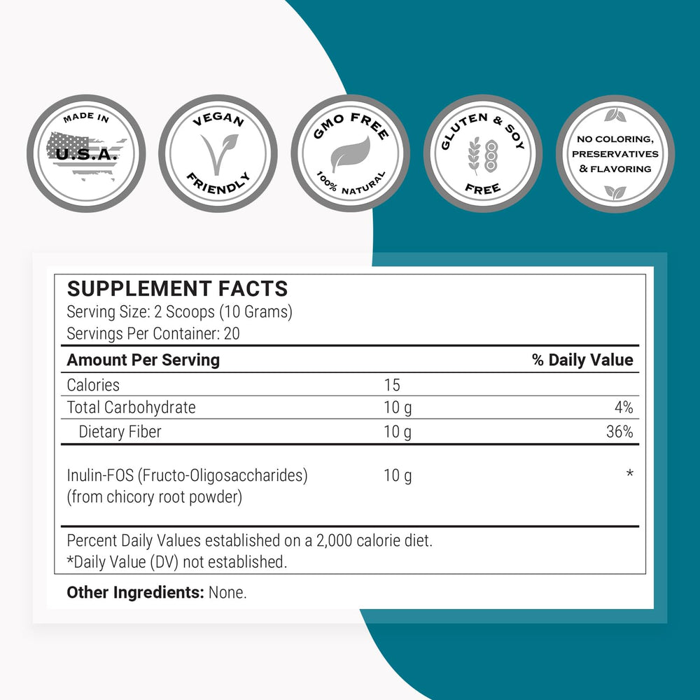 Inulin-based FOS powder packaging showing ingredients