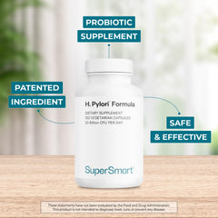 Supersmart H. Pylori capsules closeup highlighting daily 20 billion CFU potential.