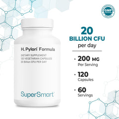 Supersmart H. Pylori ingredients label, acacia gum and white rice flour listing.