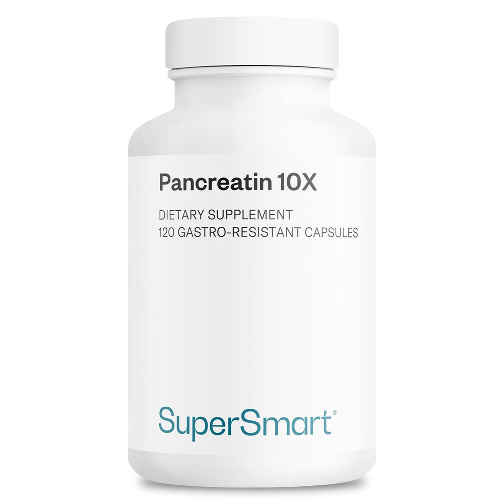 Bottle of Supersmart Pancreatin 10X 4000 per Day supplement on shelf