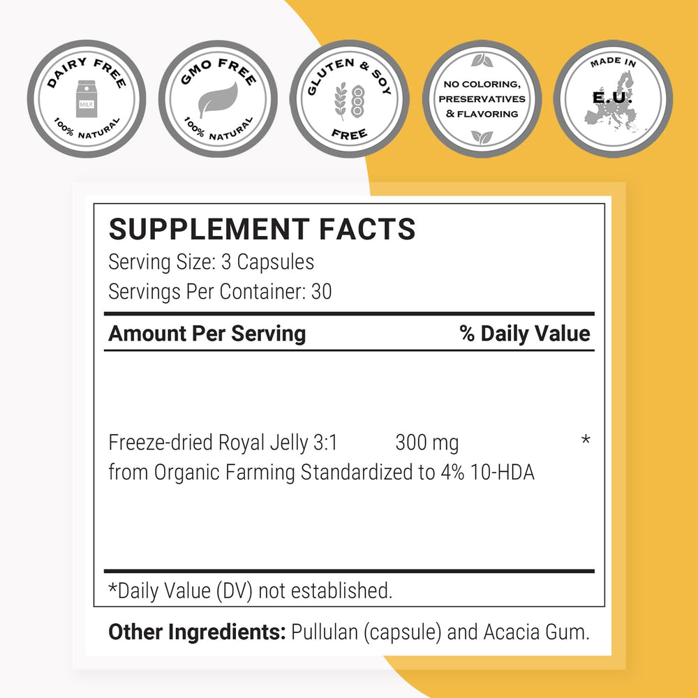 Ingredients: royal jelly with acacia gum capsule shell