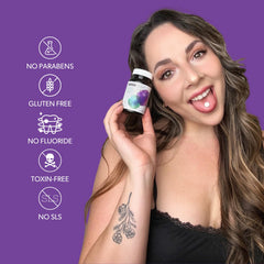 Product label showing vegan, fluoride-free and sugar-free formulation