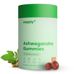 Front view of SUPPLY6 KSM-66 Ashwagandha & Vitamin D Gummies bottle, Mixed Berry flavor, 60 count