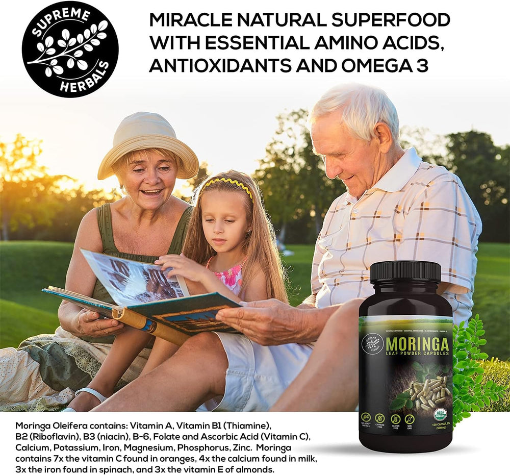 SUPREME HERBALS powder on spoon highlighting raw moringa powder and nutrient density