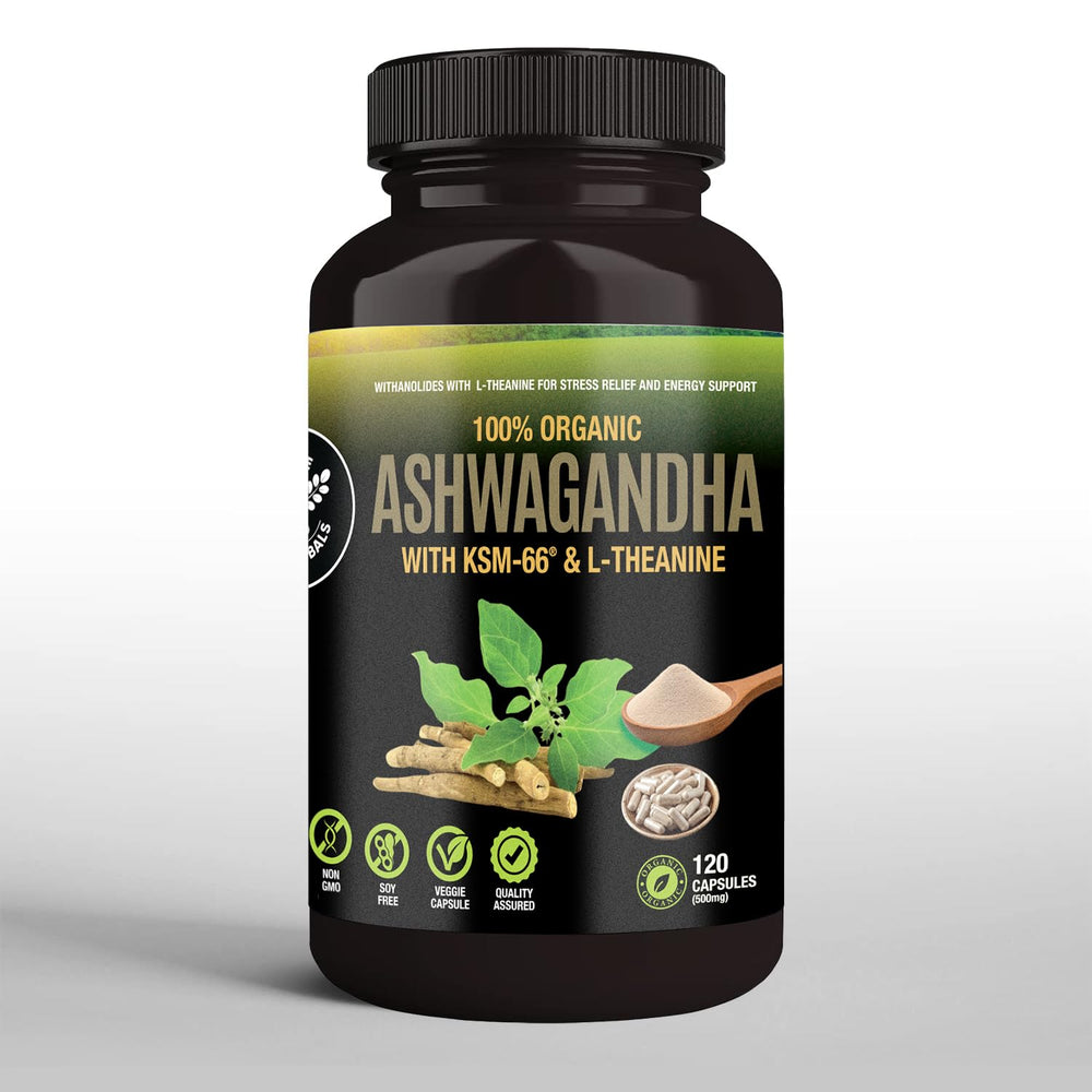 SUPREME HERBALS organic Ashwagandha root powder on spoon showing natural purity benefit