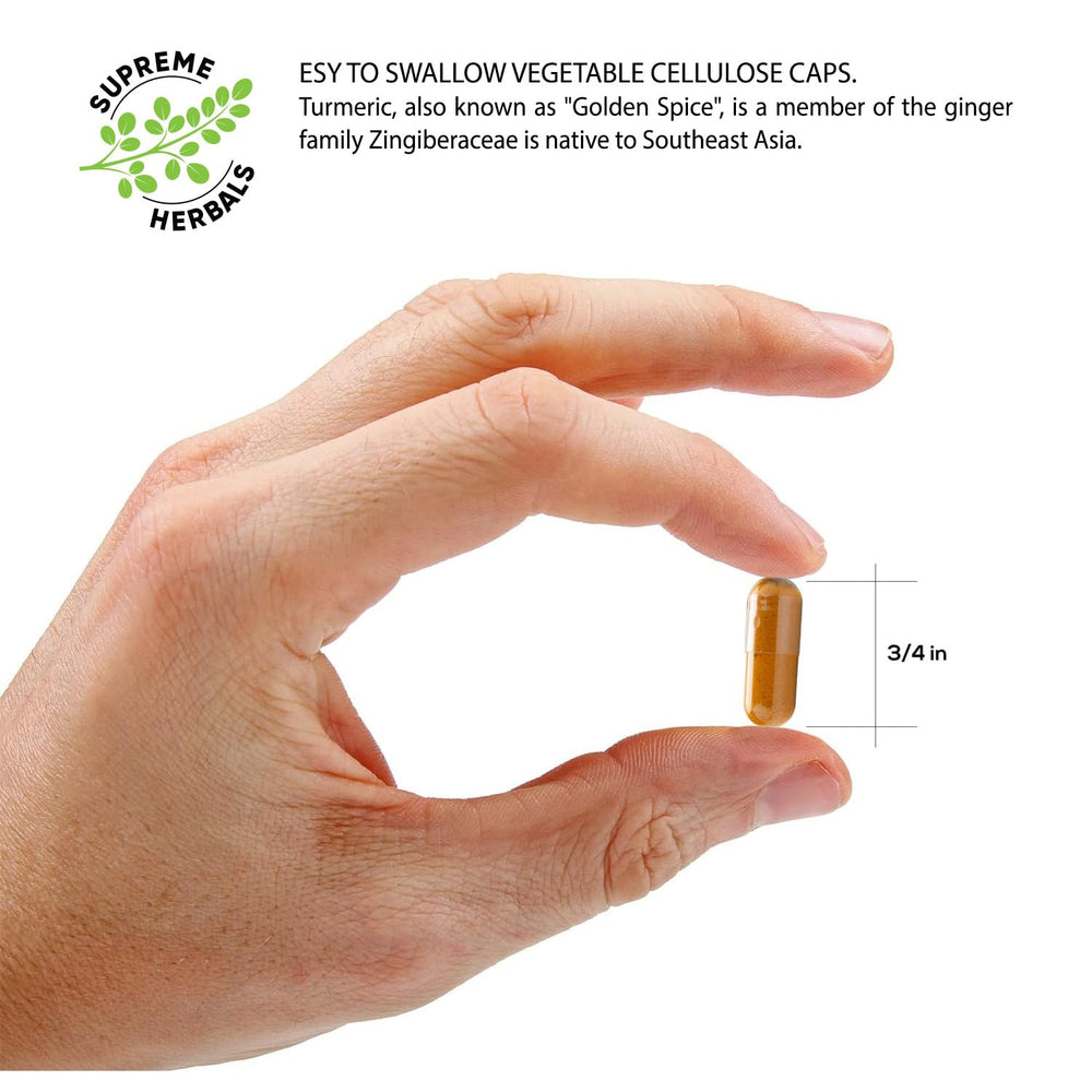 Hand holding SUPREME HERBALS bottle to show size and 120-capsule scale