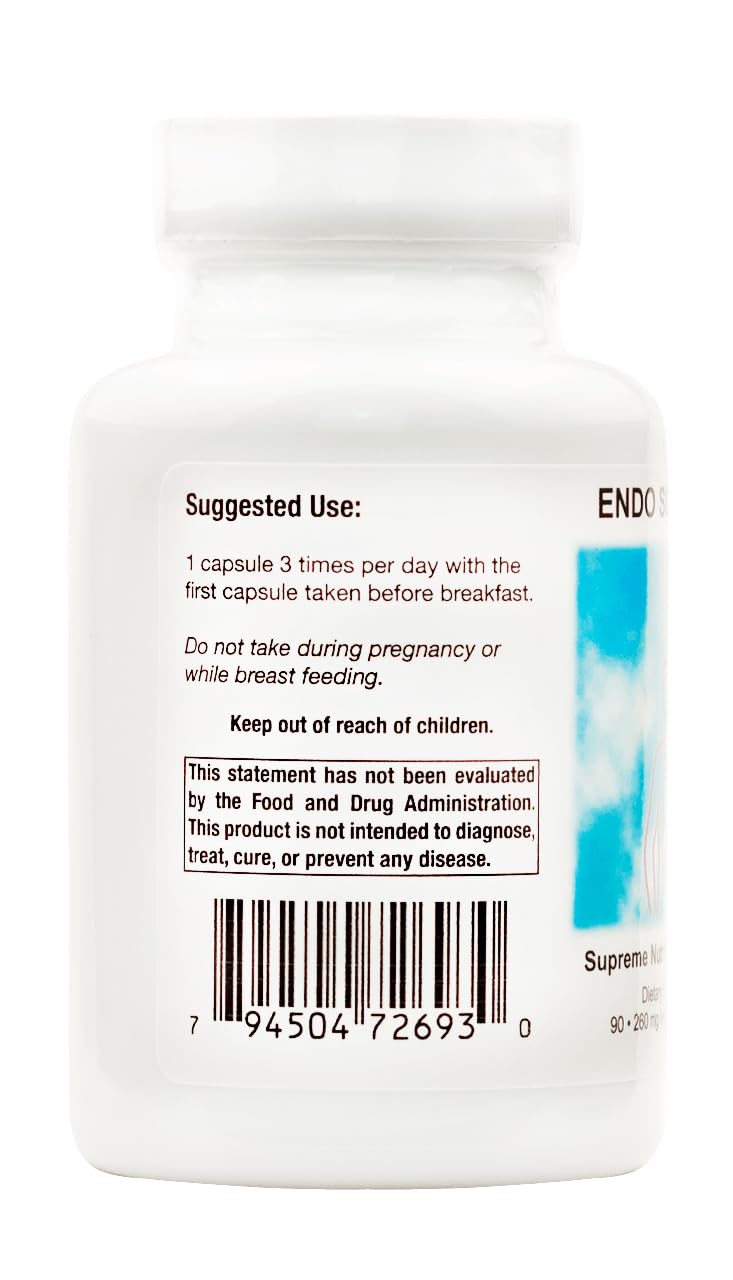 Open bottle of Supreme Nutrition Endo Supreme revealing uniform vegetarian capsules and convenient daily supply
