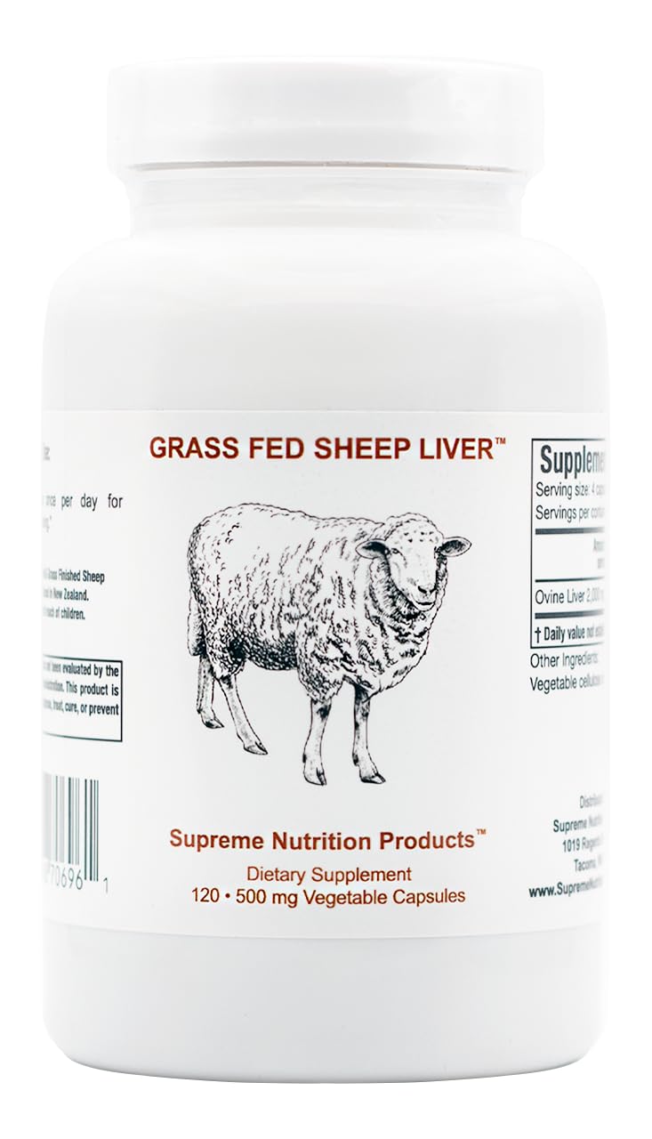 Supreme Nutrition front packaging showing 120 sheep liver capsules and clear labeling benefit clarity