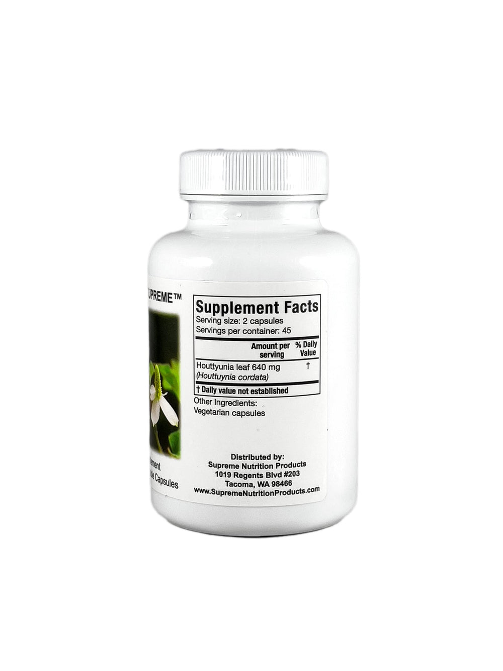 Label on bottle of Supreme Nutrition Houttuynia Supreme - 90 capsules
